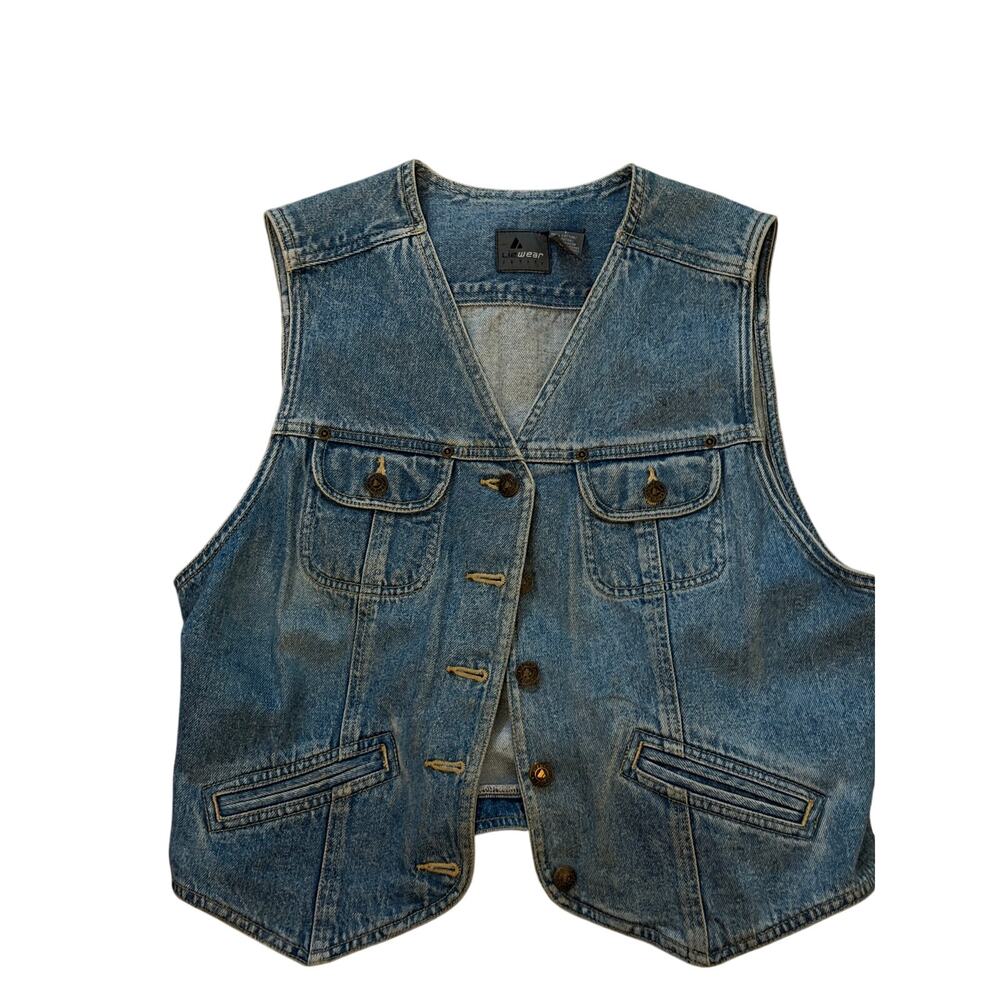 Vintage Liz Wear Vest Size LP Cotton Denim V-Neck Asymmetrical Hem Front Button